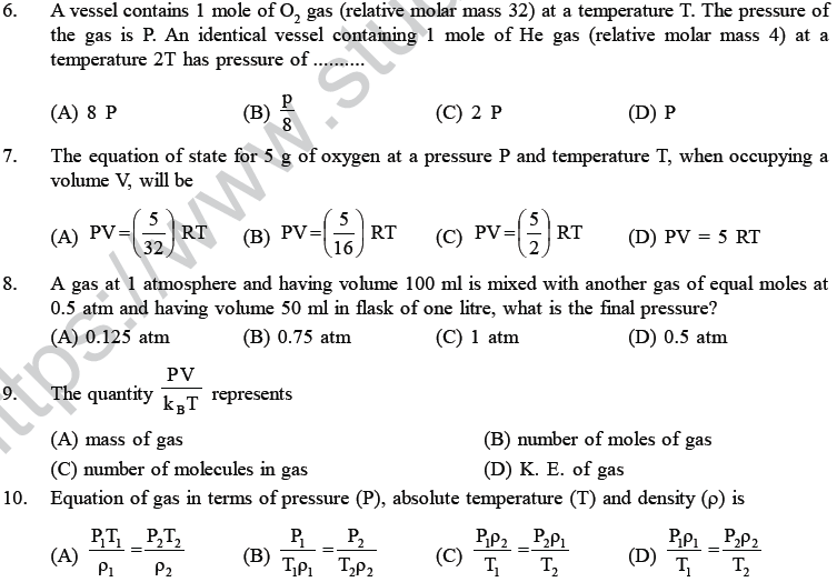 NEET UG Physics Theory of Gases MCQs, Multiple Choice Questions